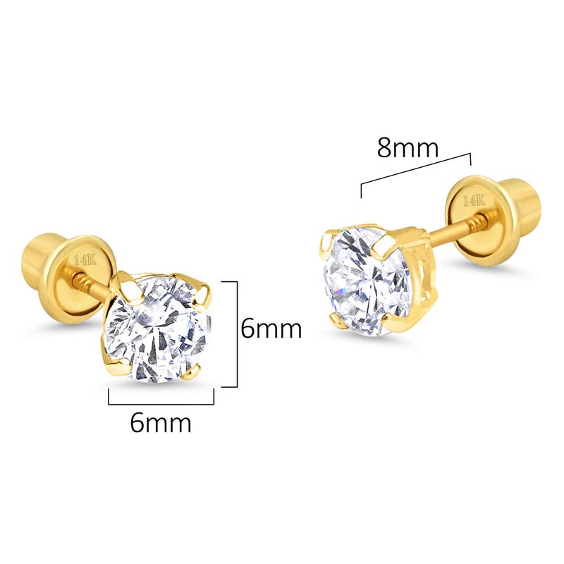 Lovearing 14k Yellow Gold 6mm Basket Round Solitaire Cubic Zirconia Children Screw Back Baby Girls Earrings - Image 2
